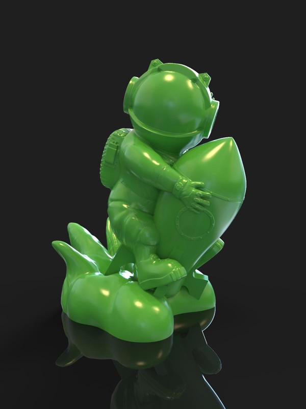 An astronaut flying on a rocket.