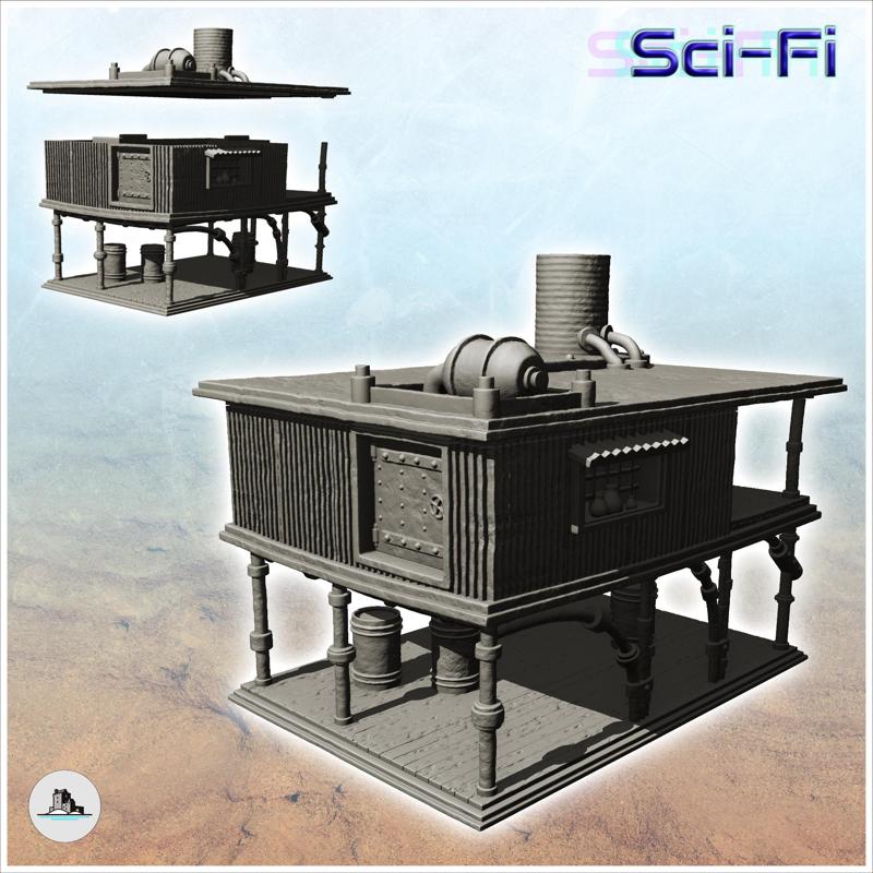 Post-apocalyptic house on stilts with product drums and chimney (7) - Future Sci-Fi SF Post apocalyptic  Tabletop Scifi