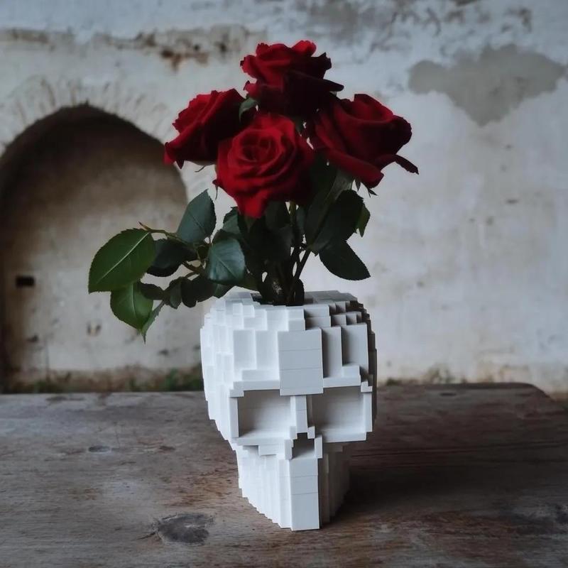 Pixel Skull Vase for Modern Home Decor   