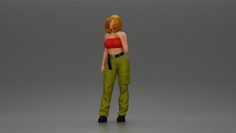 Urban dancer showcasing attitude in red tube top cargo pants pose