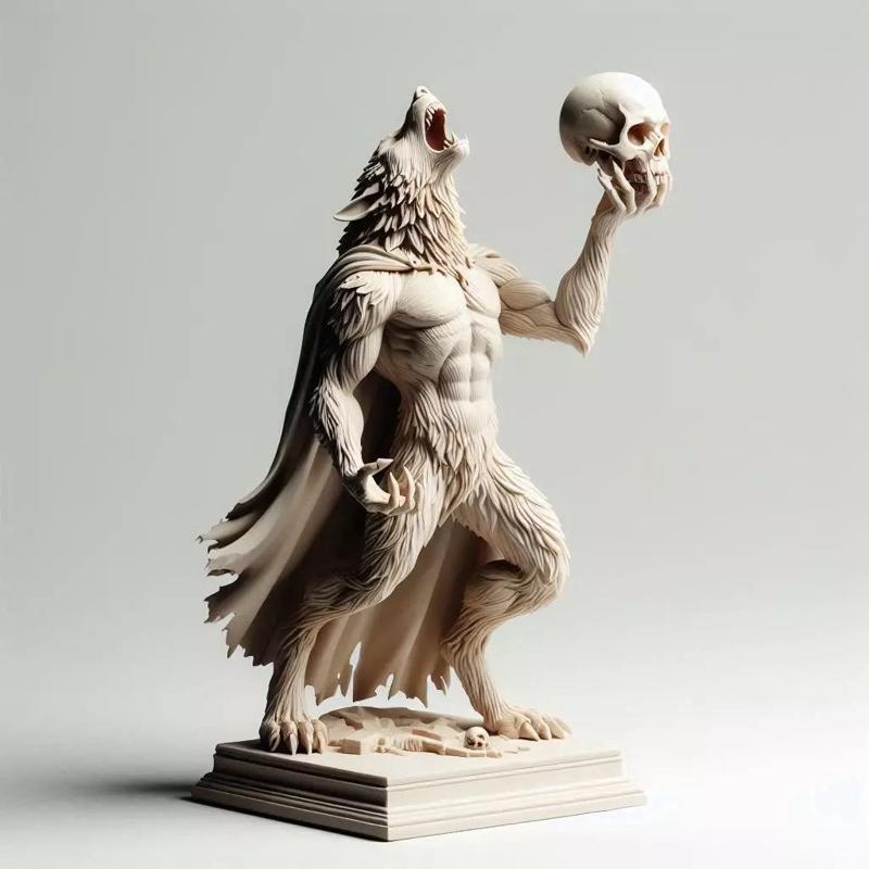 583  Ivory Werewolf Howling with Skull  3D Model
