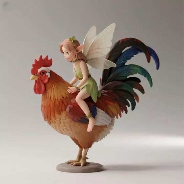 1128 Witch Rider COLORFUL  3D Printed  Witch on Rooster