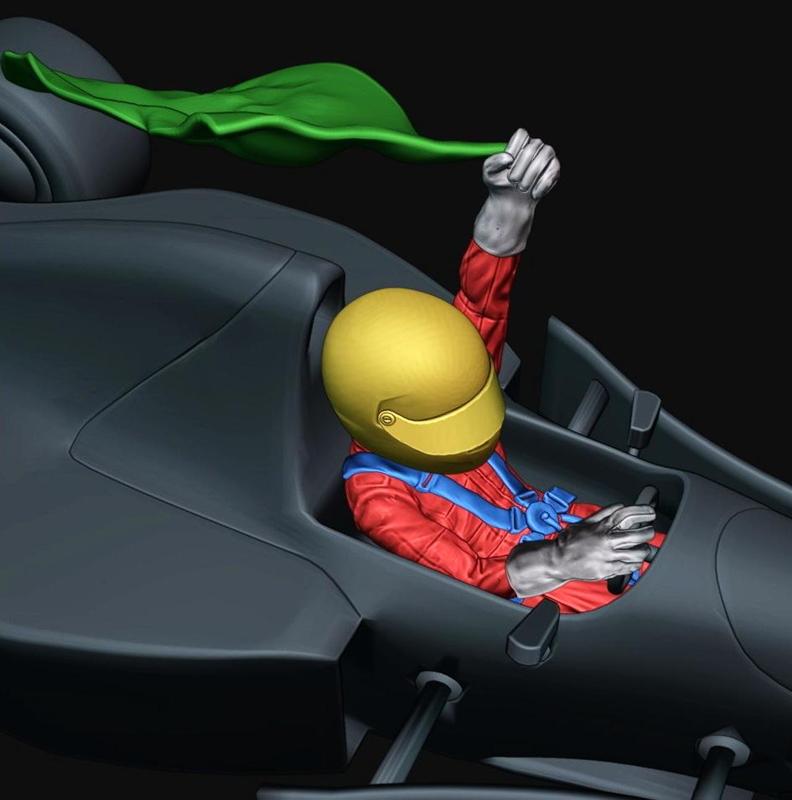 F1 DRIVER IN CABIN WITH FLAG, CHAMPION CAR 90'.