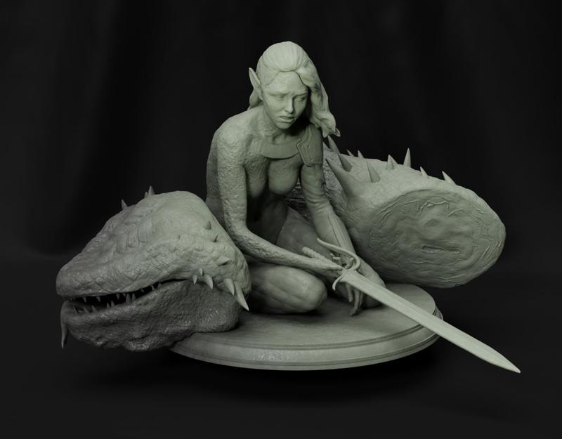 Female warrior with slain lizard 3D print model