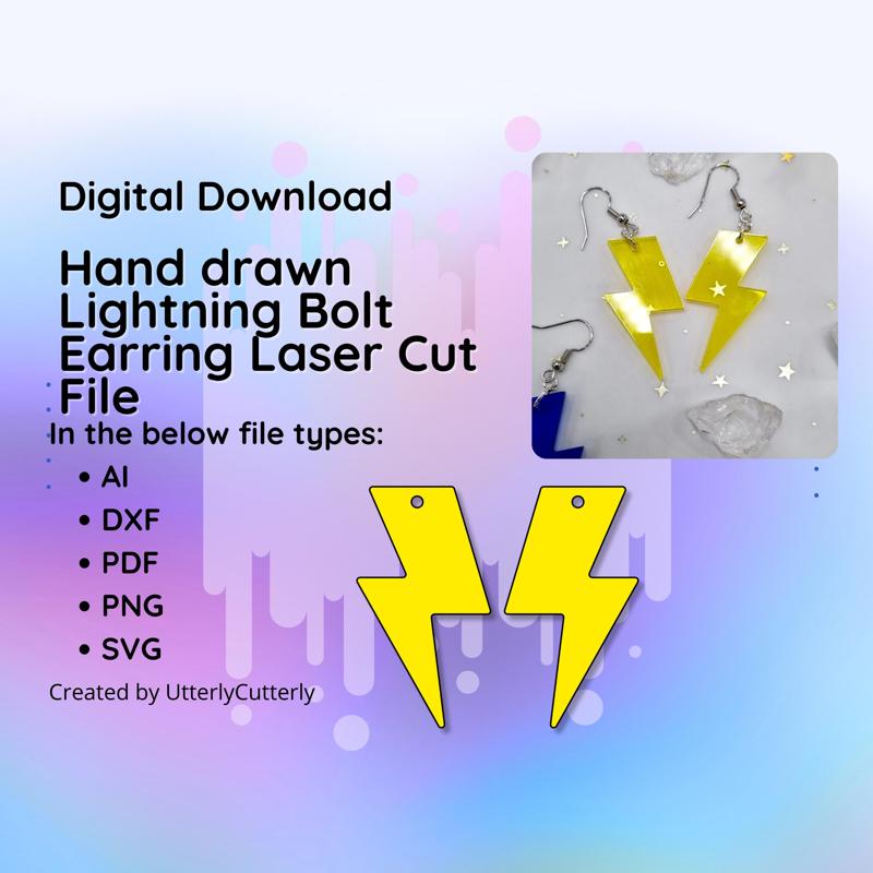 Lightning Bolt Earring Laser Cut File- svg, Dxf, Pdf & Png
