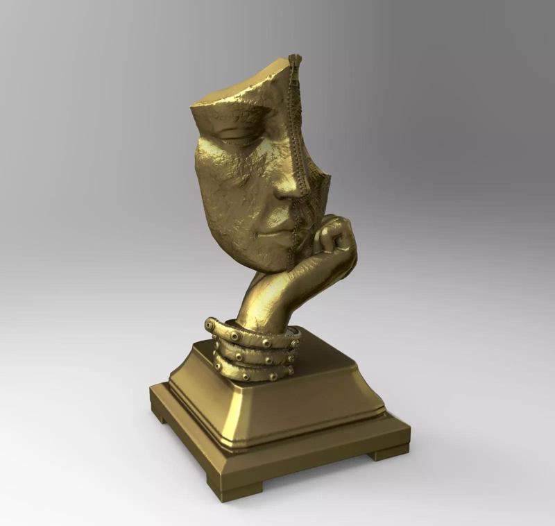 Masque hand holding trophy