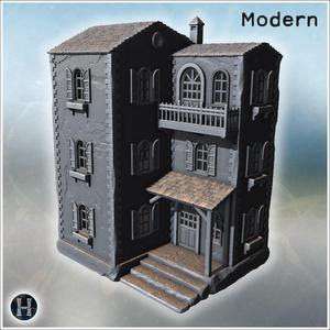 Narrow three-story house with arched windows, prominent balcony and steep front stairs (72) - Modern WW2 WW1 World War Diaroma Wargaming RPG Mini Hobby
