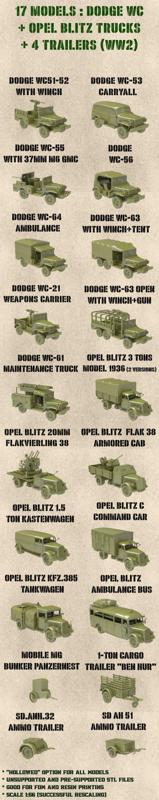 STL PACK - DODGE WC trucks + Opel Blitz trucks of WW2 + 4 trailers (scale 1:56)