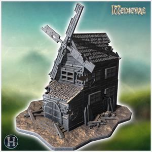 Old wooden windmill with broken blades, damaged walls, and scattered debris on a rocky base (25) - Medieval Gothic Feudal Old Archaic Saga 28mm 15mm RPG