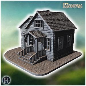 Wooden house with a covered porch, intact roof shingles, and wooden railing on stone steps (36) - Medieval Gothic Feudal Old Archaic Saga 28mm 15mm RPG