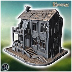 Damaged two-story wooden building with collapsed balcony, broken stairs, and shattered windows (37) - Medieval Gothic Feudal Old Archaic Saga 28mm 15mm RPG