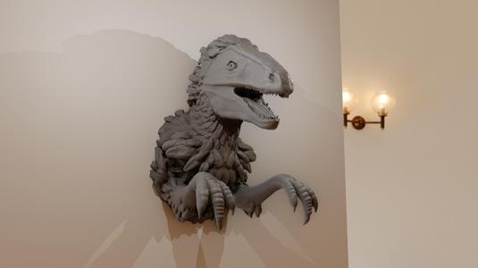 velociraptor dinosaur head wall mount with arms roaring