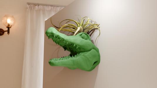 caiman crocodile head mouth open wall mount planter pot flower vase stl