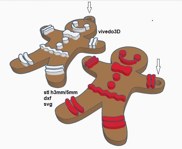 Keychain or Christmas decoration like Gingerbread cookie with hole on the hand or on the head dxf svg stl for 3d printing or laser cutting or plotter