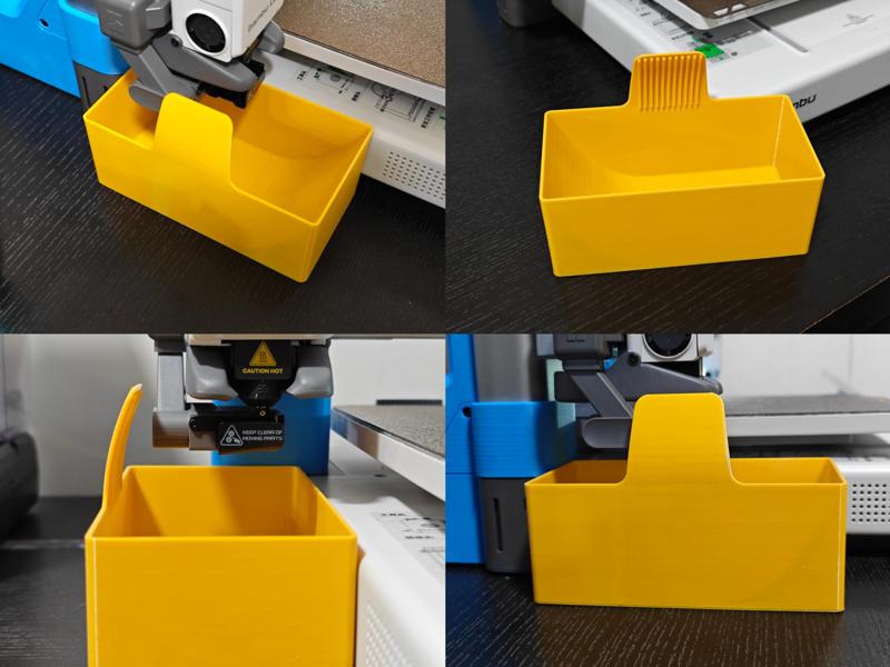 A1's integrated waste bin with built-in baffle and chute, a self-contained waste receptacle, requires no supports and is incompatible with AMS