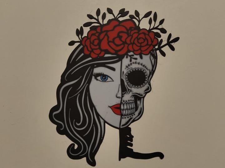 woman skull with roses wall art