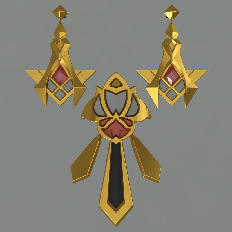 Genshin Impact Kaveh earrings and brooch 3D model set. Video game, props, cosplay