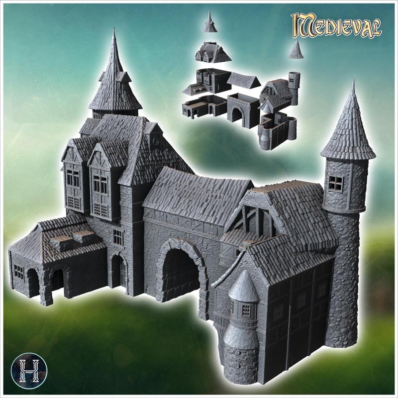 Large medieval manor house with double towers, large central arch and half-timbered stone walls (20) - Medieval Gothic Feudal Old Archaic Saga 28mm 15mm RPG