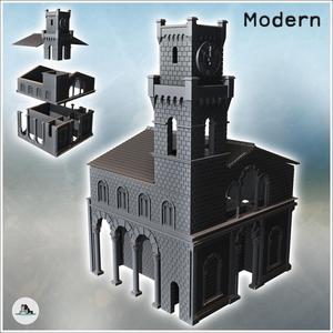 Large classical tile-roofed building with stone walls, clock tower (intact version) (16) - Modern WW2 WW1 World War Diaroma Wargaming RPG Mini Hobby