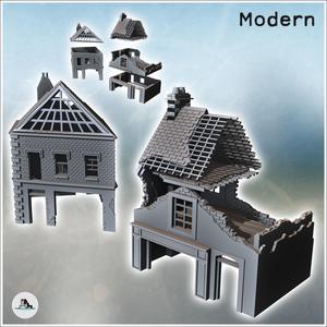 Set of two modern ruined houses with exposed framework and ground-floor shop (45) - Modern WW2 WW1 World War Diaroma Wargaming RPG Mini Hobby
