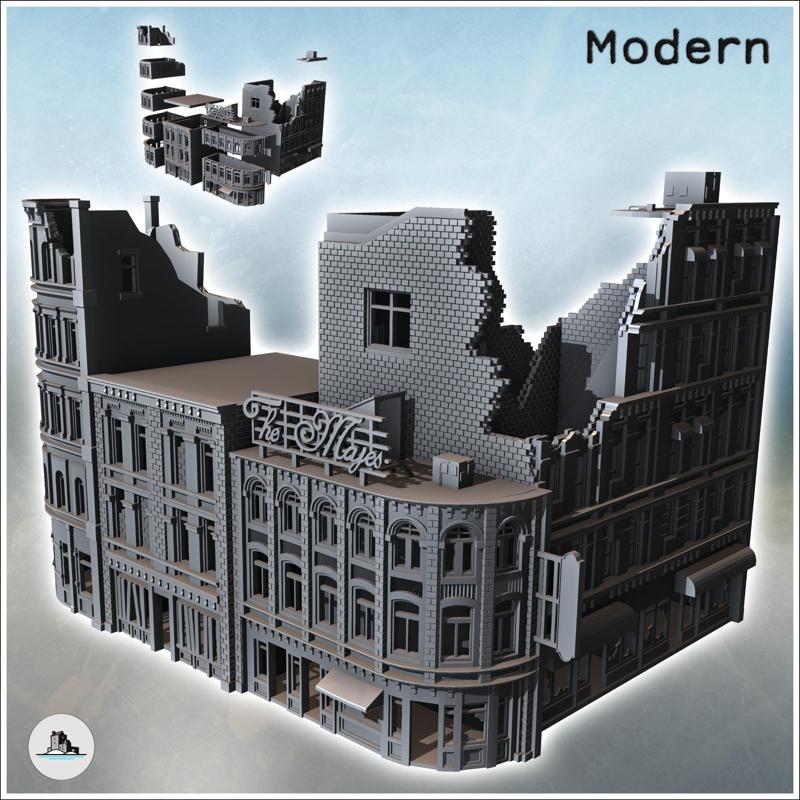 Set of ruined corner urban buildings with "The Majes" store and brick roof (22) - Modern WW2 WW1 World War Diaroma Wargaming RPG Mini Hobby