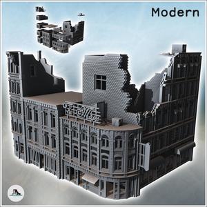 Set of ruined corner urban buildings with "The Majes" store and brick roof (22) - Modern WW2 WW1 World War Diaroma Wargaming RPG Mini Hobby