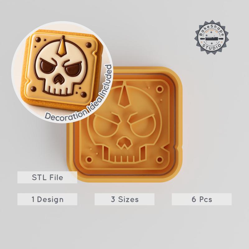Dangerous Skull Shape Cutter & Stamp, Cookie & Fondant Decor, Warning Signal Design, 3 Sizes S/M/L, 6-Piece Set