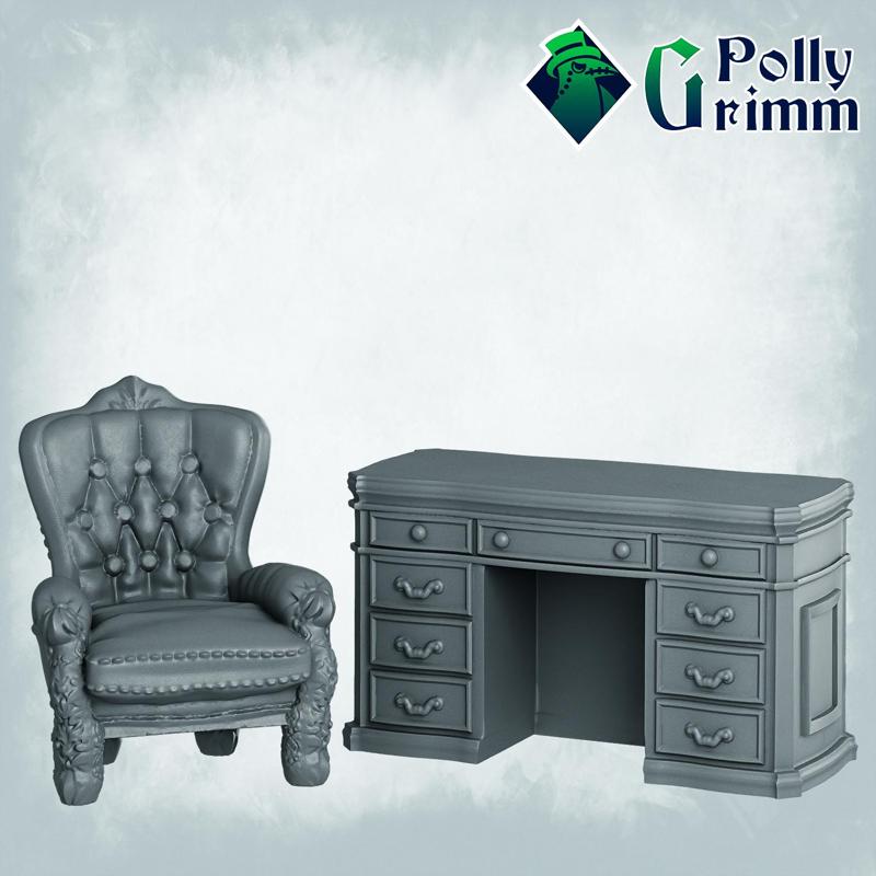 Fantasy miniatures for tabletop games. Chair and table with drawers. Small things to put on table
