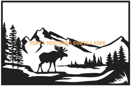 LANDSCAPE WITH MOOSE AND MOUNTAINS DECORATION WALL ART - 3D PRINTING AND LASER CUTTING