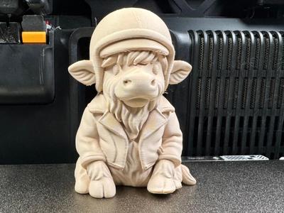 Highland cow with motorcycle helmet and leather jacket
