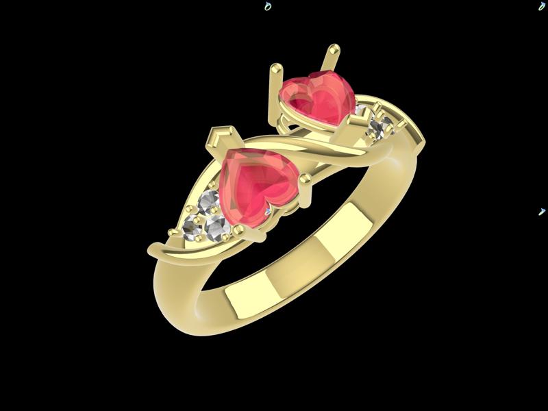 3D Ring of Hearts in Yellow Gold with Red Gems - Exclusive Design for Renderings in Cult3D