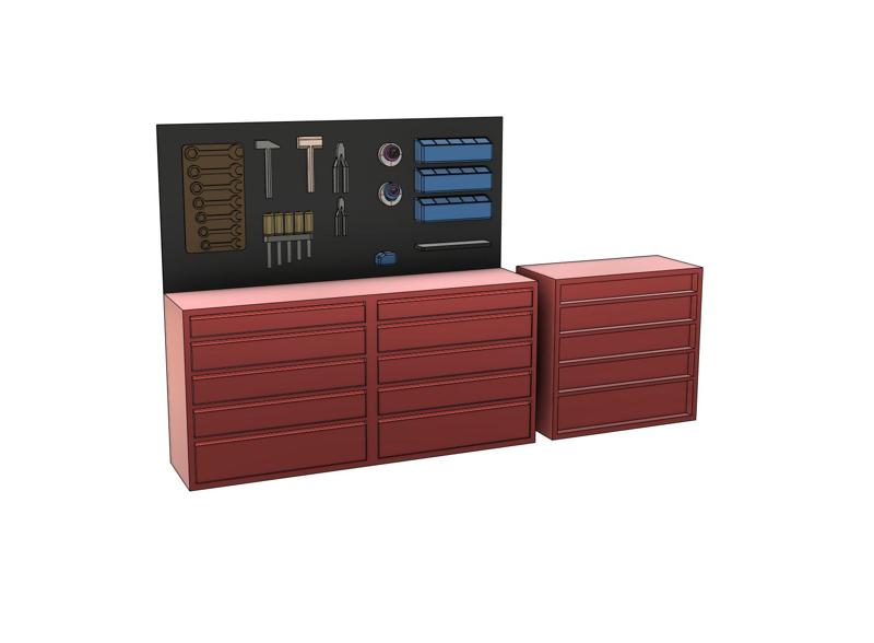 1/10 Mesa trabajo mecanico panel herramientas / 1:10 mechanic cabinet with tools