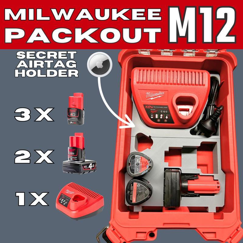 Milwaukee Packout M12 Battery & Charger Organizer with Secret AirTag Holder