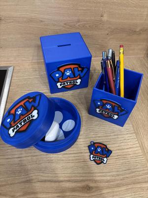 Paw Patrol money box, pen holder, key ring and tin