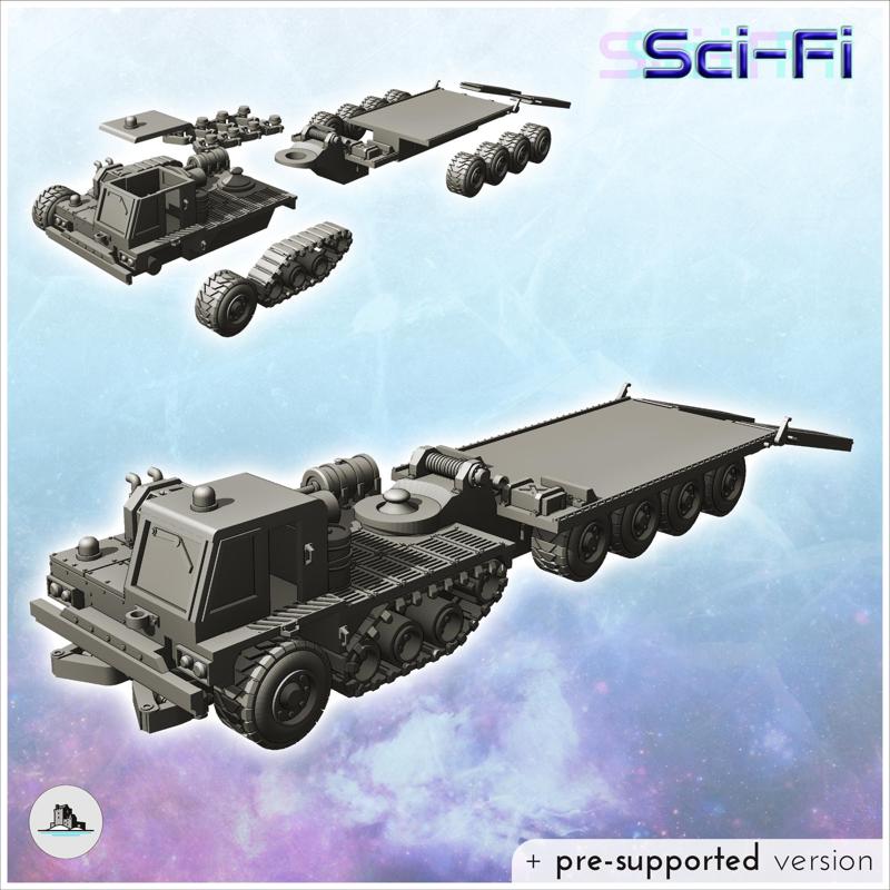 Futuristic transport truck with track, armored cab and ramp trailer (11) - Future Sci-Fi SF Post apocalyptic Tabletop Scifi Wargaming Planetary exploration RPG Terrain