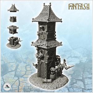 Large medieval tower with multiple tiled roofs and plant-covered walls (8) - Medieval Fantasy Magic Feudal Old Archaic Saga 28mm 15mm
