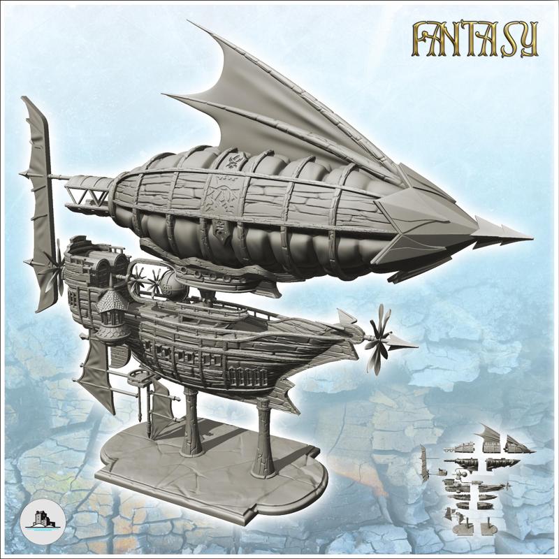 Large steampunk flying ship with wooden hull and multiple sails (1) - Medieval Gothic Fantasy Old Ucrhonic War 28mm 15mm
