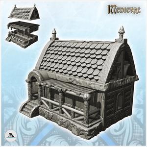 Medieval house with large awning on platform and access staircase (15) - Medieval Gothic Feudal Old Archaic Saga 28mm 15mm RPG