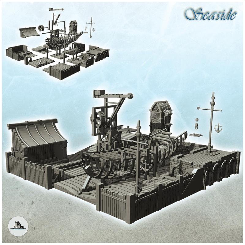 Medieval wooden shipyard with boat hull and crane (14) - Pirate Jungle Island Beach Piracy Caribbean Medieval Skull Renaissance