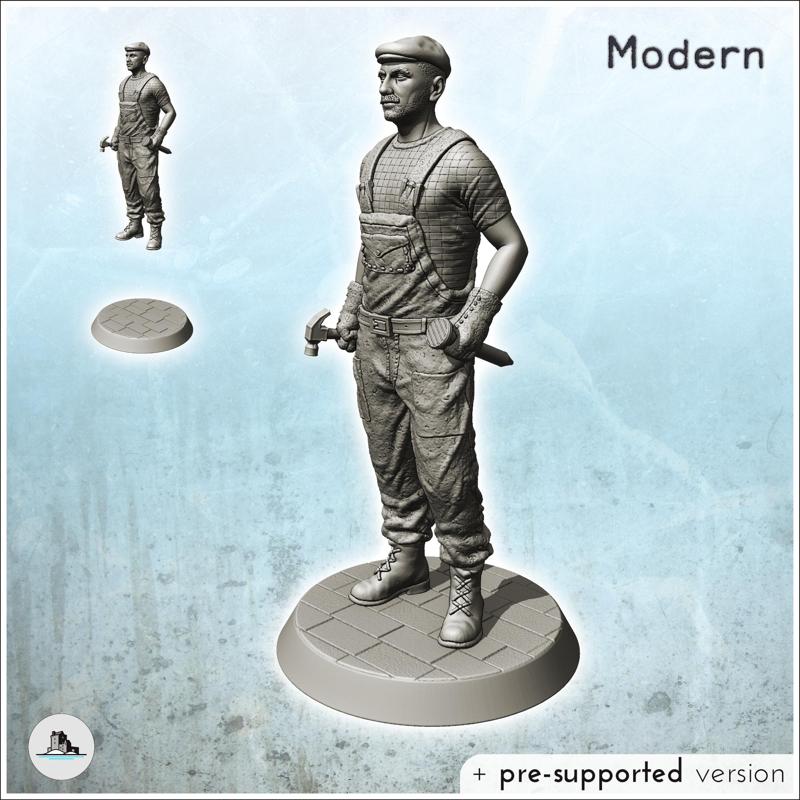 Modern industrial worker standing in overalls with hammer (1) - Modern WW2 WW1 World War Diaroma Wargaming RPG Mini Hobby