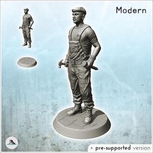 Modern industrial worker standing in overalls with hammer (1) - Modern WW2 WW1 World War Diaroma Wargaming RPG Mini Hobby