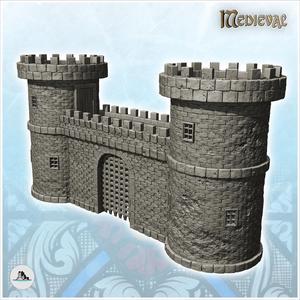 Medieval fortified entrance with double towers and metal portcullis (14) - Medieval Gothic Feudal Old Archaic Saga 28mm 15mm RPG