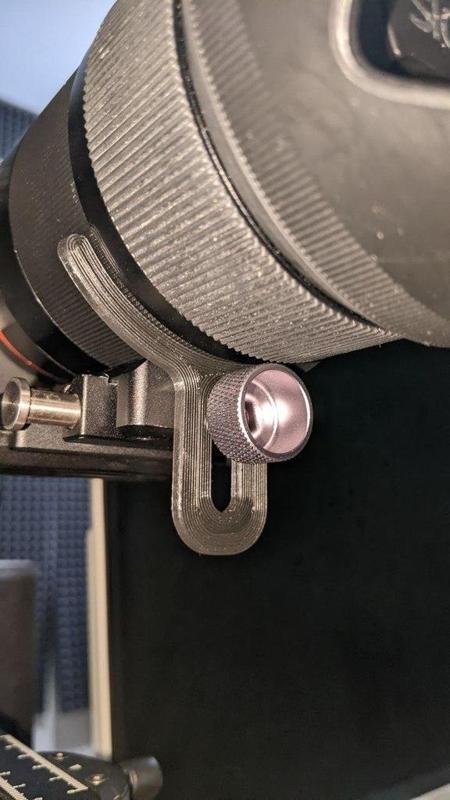 camera lens support fork on gimbal (74mm lens)