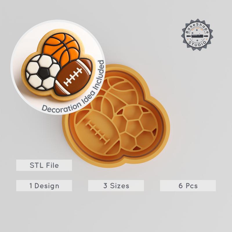 Sports Shape Cutter & Stamp Set, Perfect for Cookies & Fondant, Includes Play Ball & Game Time Designs, 3 Sizes PRODUCT_597