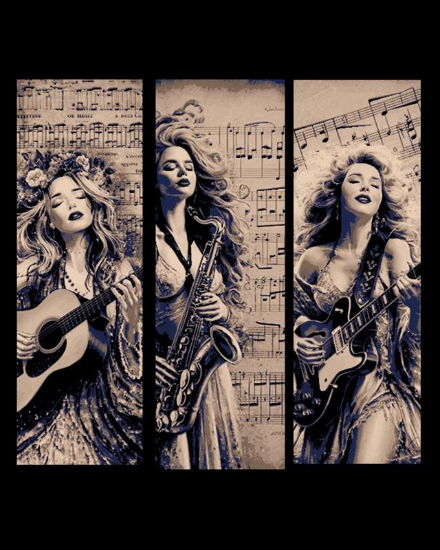 The Joy of playing the Music - Pages of Music and Women playing the notes - Set of bookmarks