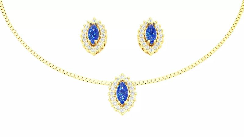 Gold Set Earrings Pendant Navette Sapphire Diamond Print Ready