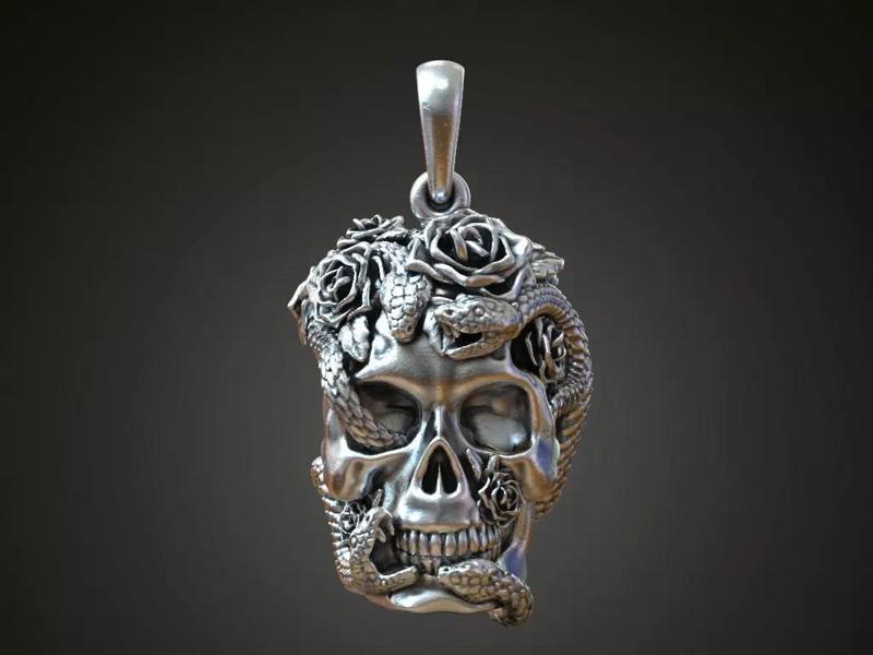 Pendant skull roses serpents biker jewelry