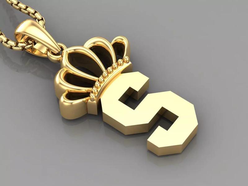 S Crown Letter Initial Pendant in 10kt Yellow Gold Cad Design