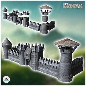Set of modular medieval stone walls with building surrounded by towers (24) - Medieval Gothic Feudal Old Archaic Saga 28mm 15mm RPG