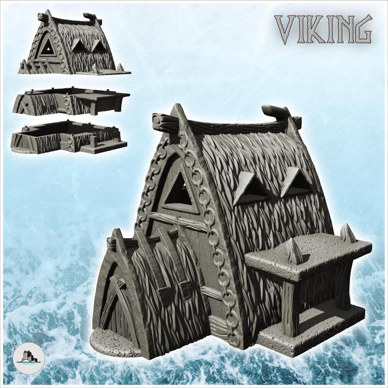 Thatched Viking house with canopy and motifs (25) - Medieval Feudal Old Archaic Saga 28mm 15mm
